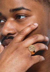 Bague sigillaire en or avec des gravures complexes et un design en relief, portée sur l'annulaire d'une main touchant le visage. Fini lisse et poli.