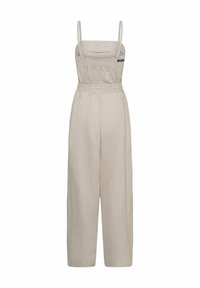 Combinaison beige sans manches à jambes larges avec fines bretelles, corsage smocké et taille cintrée.