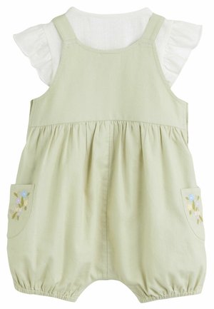 Svetlozeleni bombažni romper z napetimi rokavi, zbranem pasom in cvetličnim vezenjem na žepih. Ima nastavljive naramnice in zaobljen dno.