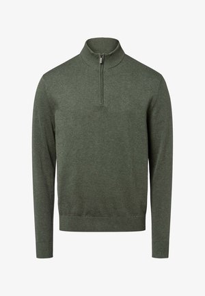 Pull vert avec un col montant et une courte fermeture éclair. Fabriqué en tissu doux et texturé avec des poignets et un ourlet côtelés.
