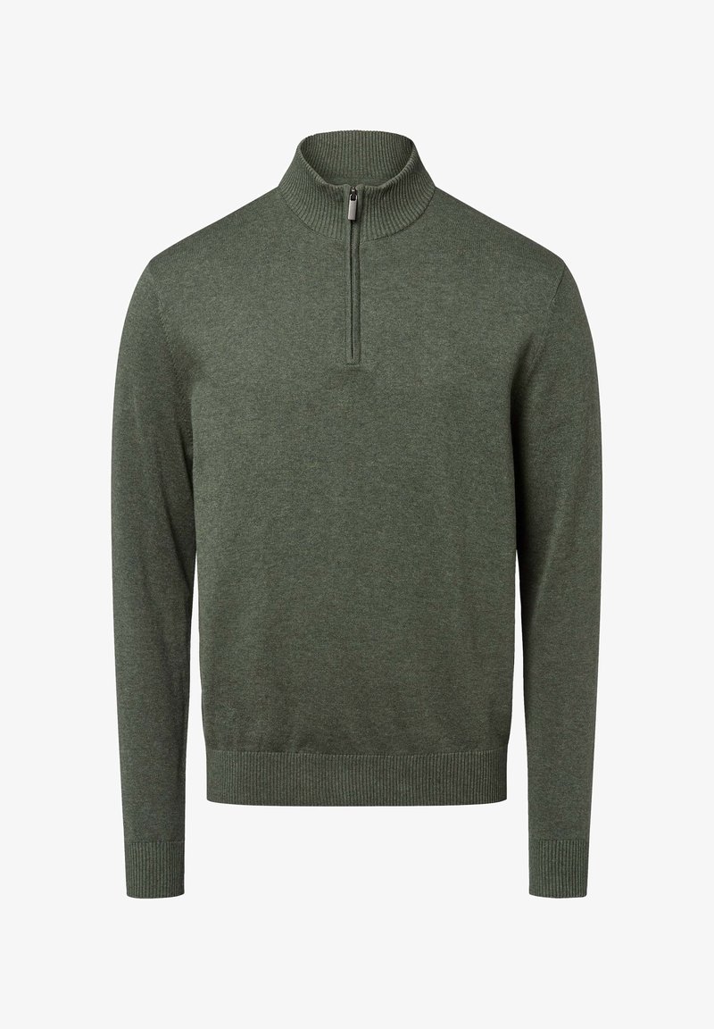 Pull vert avec un col montant et une courte fermeture éclair. Fabriqué en tissu doux et texturé avec des poignets et un ourlet côtelés.