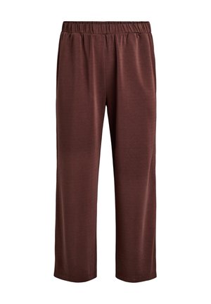 Ruskeat väljäistyyppiset housut, joissa on joustava vyötärönauha, suorat lahkeet ja tasainen kangaspinta, valkoista taustaa vasten.