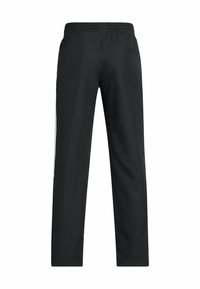 Zwarte sportbroek met een elastische tailleband, rechte pijpen en witte zijkanten voor extra contrast. Soepele stoftextuur.