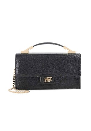Sac à main texturé noir avec un fermoir et une chaîne dorée. Présente une poignée supérieure et un détail de logo sur le devant. Fini lisse.