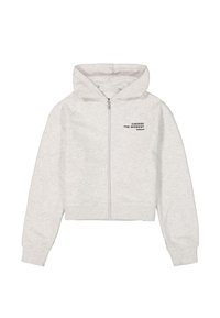 Grijze cropped hoodie gemaakt van zachte stof, met een frontale rits, capuchon en een tekstgrafiek op de linker borst.