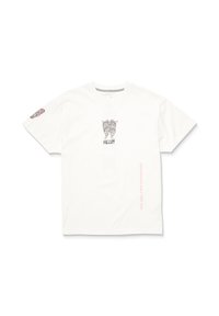 Camiseta de algodón blanca con un gráfico central de una máscara, texto "Volcom" y un diseño en las mangas con acentos coloridos. Incluye texto en el lateral.