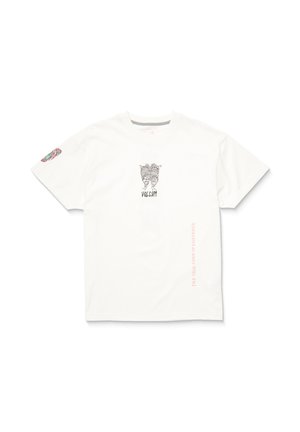 T-shirt en coton blanc avec un graphique central d'un masque, le texte "Volcom" et un design de manche avec des accents colorés. Comprend du texte sur le côté.