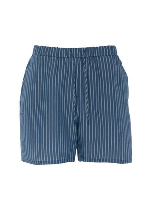 Pantaloncini con coulisse blu con strisce verticali bianche e tasche laterali, realizzati in tessuto leggero.