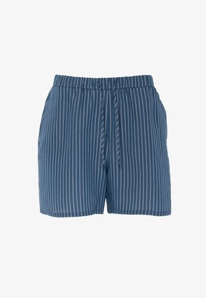 Niebieskie szorty na sznurku z pionowymi białymi paskami i bocznymi kieszeniami, wykonane z lekkiego materiału.