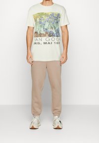 Vaaleabeige t-paita, jossa on värikäs Van Goghin iiriskuva ja teksti. Yhdistetty vaaleabeigeihin collegehousuihin ja neutraalin värisiin lenkkareihin.