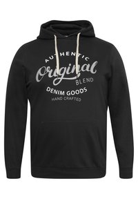 Sudadera negra hecha de un tejido suave, con un bolsillo frontal, cordones y texto impreso en blanco que incluye "Auténtico Original Mezcla de Goods de Denim."