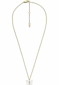 Goldfarbene Halskette mit einer zarten Kette und einem Schmetterlingsanhänger aus translucentem Material mit einem subtilen Glanz. Mit Federringverschluss.