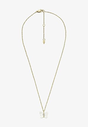 Goldfarbene Halskette mit einer zarten Kette und einem Schmetterlingsanhänger aus translucentem Material mit einem subtilen Glanz. Mit Federringverschluss.