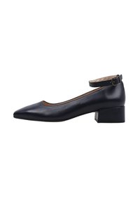 Zapatos de tacón bajo de cuero azul marino con punta afilada, tira en el tobillo y un acabado texturizado. Forro interior suave con un resistente tacón en bloque.