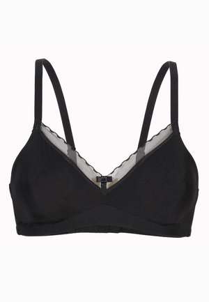Bralette nera in tessuto morbido, design a scollo a V, con bordino in pizzo, spalline regolabili e chiusura a gancio sul retro. Texture liscia in tutto il capo.