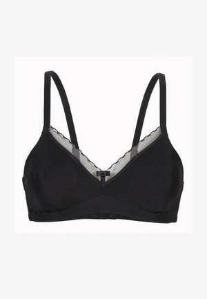 Bralette nera in tessuto morbido, design a scollo a V, con bordino in pizzo, spalline regolabili e chiusura a gancio sul retro. Texture liscia in tutto il capo.