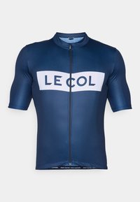 Maillot de cyclisme bleu marine à manches courtes, avec zip sur le devant, logo "LE COL" en blanc, et bande avec "ROULEZ PLUS VITE. ROULEZ PLUS LOIN." en bas.