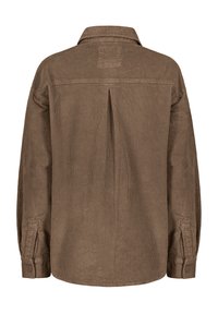 Bruine corduroy shirt met een button-down kraag, verticale ribbelstructuur en een rugplooi. Heeft knoopmanchetten en een afgewerkte onderkant.