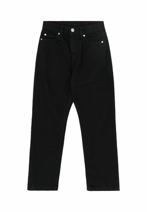 Sorte high-waist straight-leg jeans med frontknap og lynlås, fem lommer og sølvnitter på hvid baggrund.