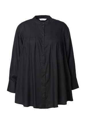 Czarna koszula z długim rękawem, wykonana z gładkiego materiału, z okrągłym kołnierzykiem i pionowymi plisami z przodu.