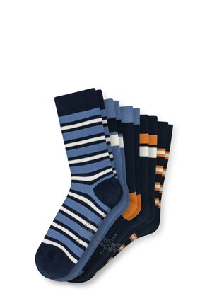 Pack of five mid-calf socks with horizontal stripes in blue, navy, white, and orange, arranged overlapping on a white background.