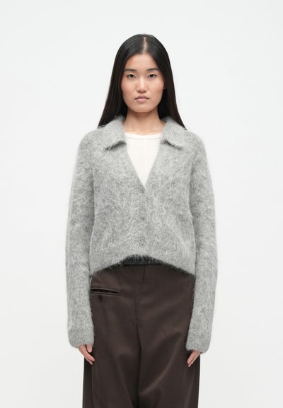 Szary, puszysty sweter o cropped fasonie i spiczastym kołnierzu, z zapięciem na guziki i długimi rękawami, wykonany z miękkiego, teksturowanego materiału.