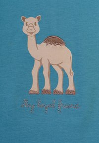 Un tessuto azzurro chiaro presenta un design ricamato di un cammello beige con una sella marrone e il testo "Il mio amico fedele" ricamato in marrone sotto.