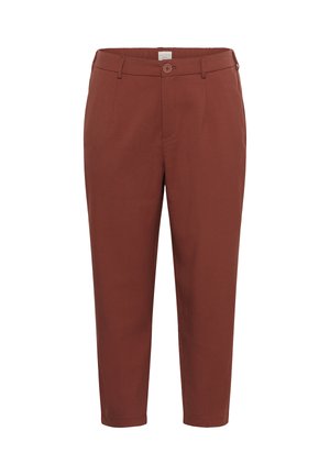 Pantalon marron rouille tailleur, longueur cheville, avec fermeture bouton et zip à l'avant, passants pour ceinture et poches latérales.