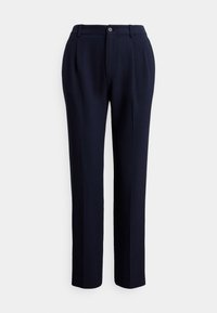 Calças de alfaiate azul-marinho com textura suave, pregas frontais e fecho de um botão. Design de perna reta com passantes para cinto.