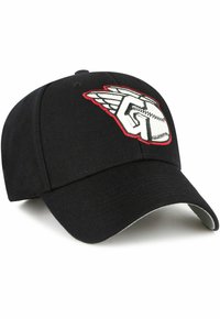 Schwarze Baseballmütze mit einem gebogenen Schirm, auf der ein weißes gesticktes Logo eines Baseballs in einem Handschuh mit roten Akzenten zu sehen ist.