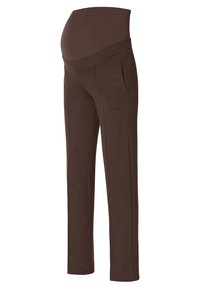 Brune zwangerschapsbroek met een rekbare hoge tailleband, twee zijzakken en een rechte pijpdesign, gemaakt van zachte, flexibele stof.