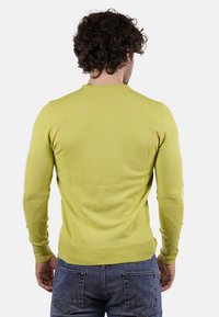 Uomo con capelli ricci scuri che indossa un maglione verde chiaro a collo rotondo e jeans blu, rivolto di spalle contro uno sfondo bianco semplice.