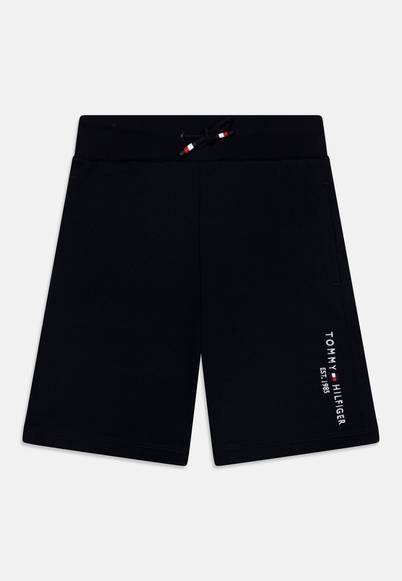 Shorts décontractés noirs avec taille élastique et cordon de serrage, avec le logo "Tommy Hilfiger EST. 1985" imprimé sur la jambe gauche.