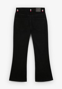Black denim flared jeans with a textured finish, five pockets, and a waistband featuring decorative buttons in pink and white.