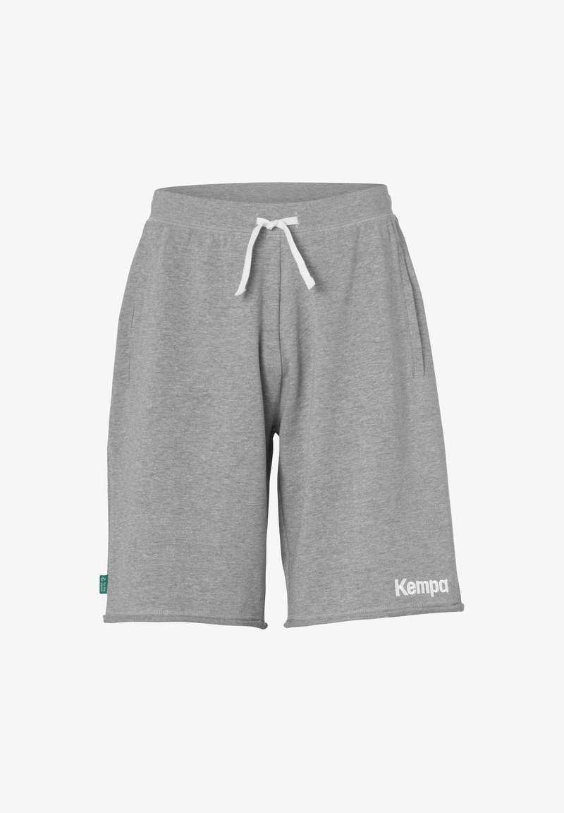 Shorts en coton gris avec une taille élastique, un cordon de serrage blanc, des poches latérales et le logo "Kempa" en blanc en bas de l'ourlet.