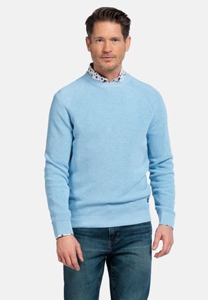 Lichtblauwe ribgebreide sweater met ronde hals en lange mouwen. Draagt over een wit shirt met een blauw en zwart patroon. Jeans niet gedetailleerd.