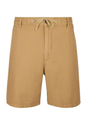 Shorts pour homme de couleur beige avec taille à cordon, passants pour ceinture, fermeture par bouton et tissu texturé.