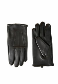 Svarta läderhandskar med en mjuk textur, femfingerdesign och förstärkt sömnad. Har en handledsmudd för säker passform.