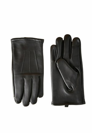 Black leather gloves with a smooth texture, five-finger design, and reinforced stitching. Features a wrist cuff for secure fit.