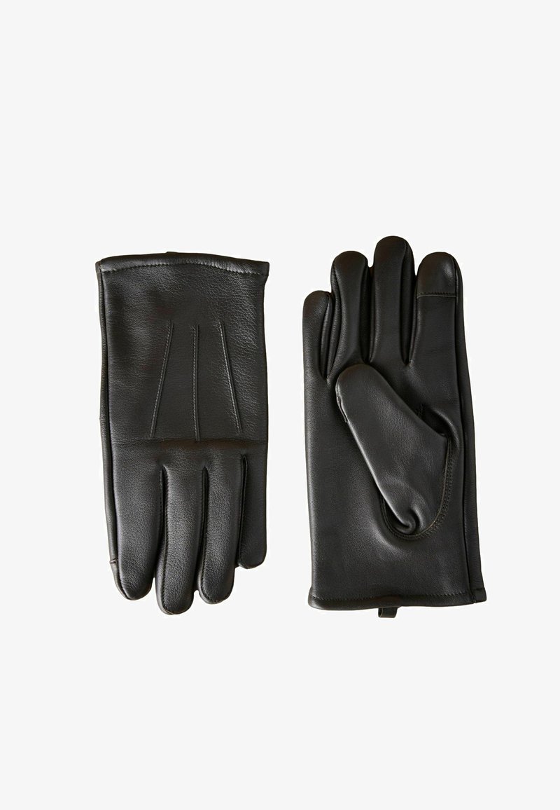 Black leather gloves with a smooth texture, five-finger design, and reinforced stitching. Features a wrist cuff for secure fit.