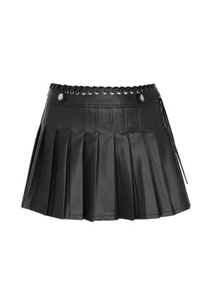 Fustă mini plisată neagră din piele ecologică cu talie cu șiret și detalii cu capse.