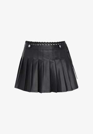 Fustă mini plisată neagră din piele ecologică cu talie cu șiret și detalii cu capse.