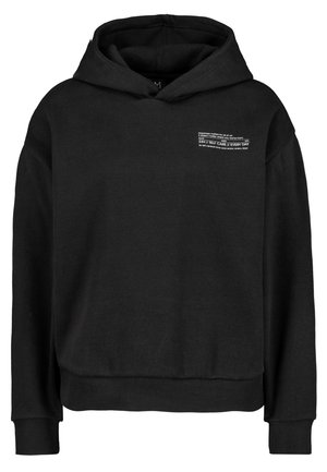 Schwarzer Hoodie aus weichem Material, mit einer Vorderseite-Tasche und gerippten Bündchen. Eine kleine weiße Textgrafik auf der Brust zeigt motivierende Sprüche.
