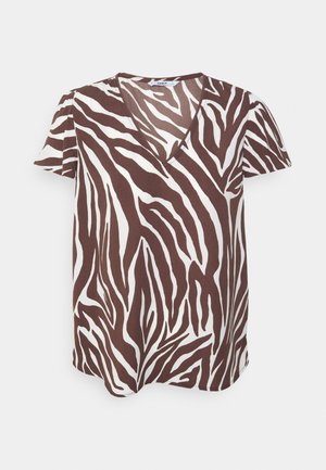 Blusa de decote em V de manga curta em padrão de zebra castanho e branco, feita de tecido leve, com um ajuste descontraído e textura suave.