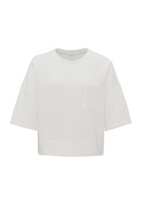 Top corto bianco a maniche corte con un motivo a coste testurizzato, scollatura rotonda e una piccola tasca sul lato sinistro anteriore.