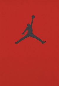 Rode achtergrond met een zwarte silhouet van een persoon die springt, een basketbal vasthoudend, kenmerkend voor het ontwerp van het Air Jordan-logo.