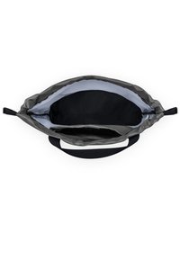 Black fabric bag with a wide opening, gray interior lining, and two black straps on the sides for carrying and closure features.
