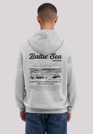 Gray sweatshirt with a hood. Back features black text reading "Baltic Sea ORIGINS" and an illustration of the Baltic shore, including grass and clouds.