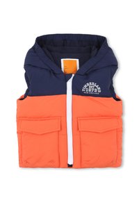 Gilet a blocchi di colore con parte superiore blu navy e parte inferiore arancione brillante. Presenta una chiusura con zip, due tasche frontali e un cappuccio. Materiale morbido e imbottito.