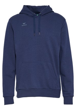 Felpa con cappuccio di colore blu navy realizzata in tessuto morbido, con tasca frontale, cappuccio con cordino e piccolo logo sul petto.